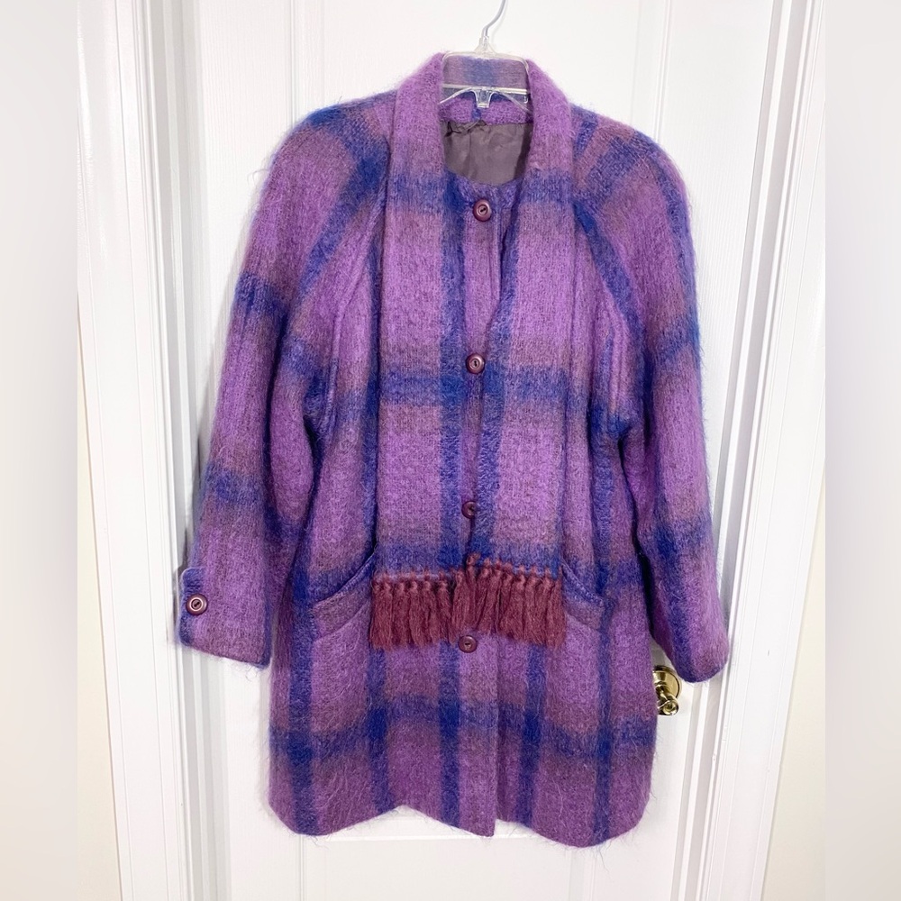 Vintage Donegal Ireland Handwoven Pure New Wool Mohair Plaid Scarf Coat Purple L
